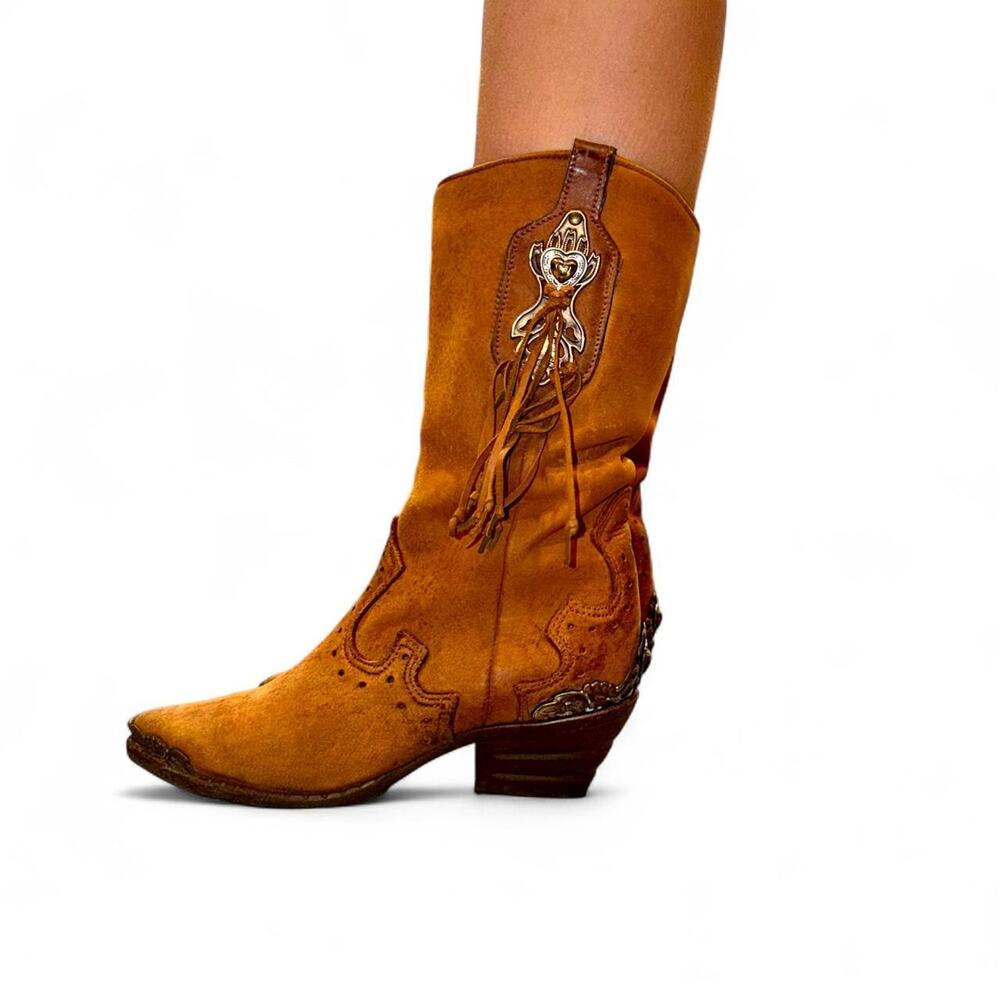 Rare Vintage 1970s Zodiac USA Made Suede Concho Western Fringe Boots Size 5.5